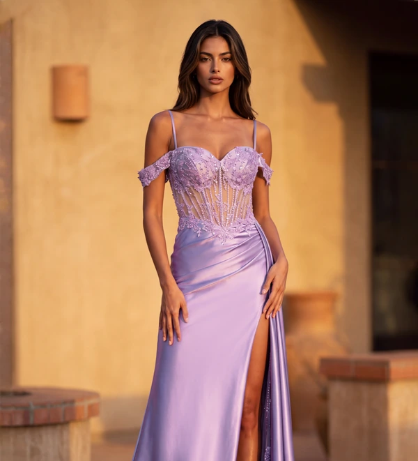 Vestido lila de satín con corsé
