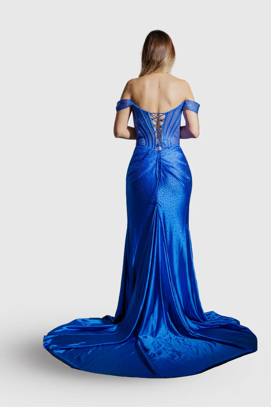 Vestido de satín con corsé de varillas y hombros caídos — Azul eléctrico 3