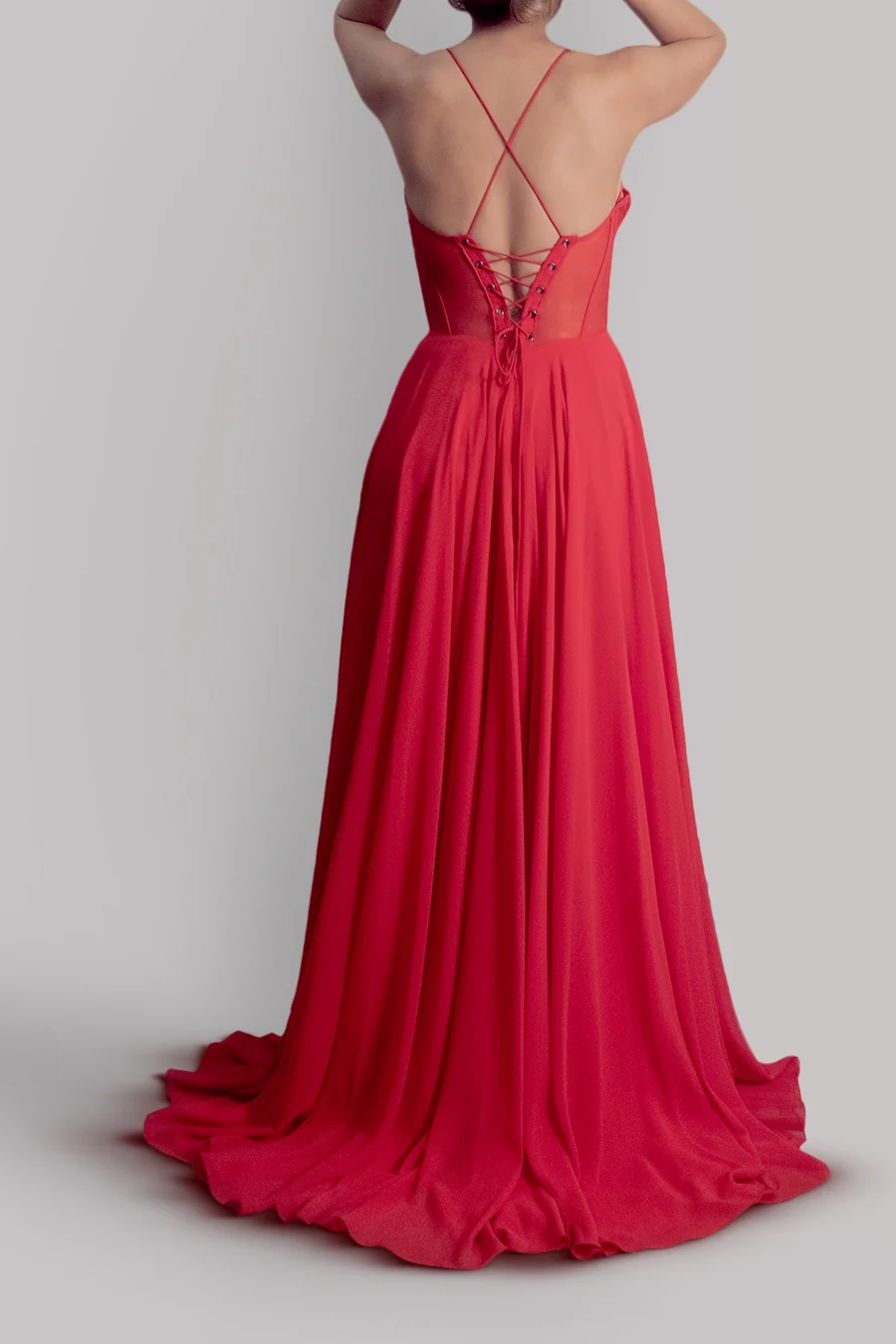 Vestido de gasa con corsé y abertura — Rojo 3