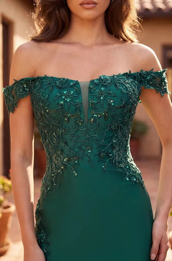 Vestido con corsé y hombros caídos — Verde esmeralda 3