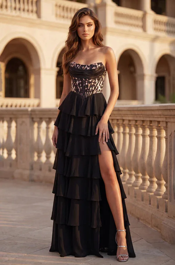 Vestido de gala con corsé y estampado de leopardo — Negro