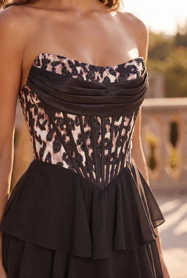 Vestido de gala con corsé y estampado de leopardo — Negro 3