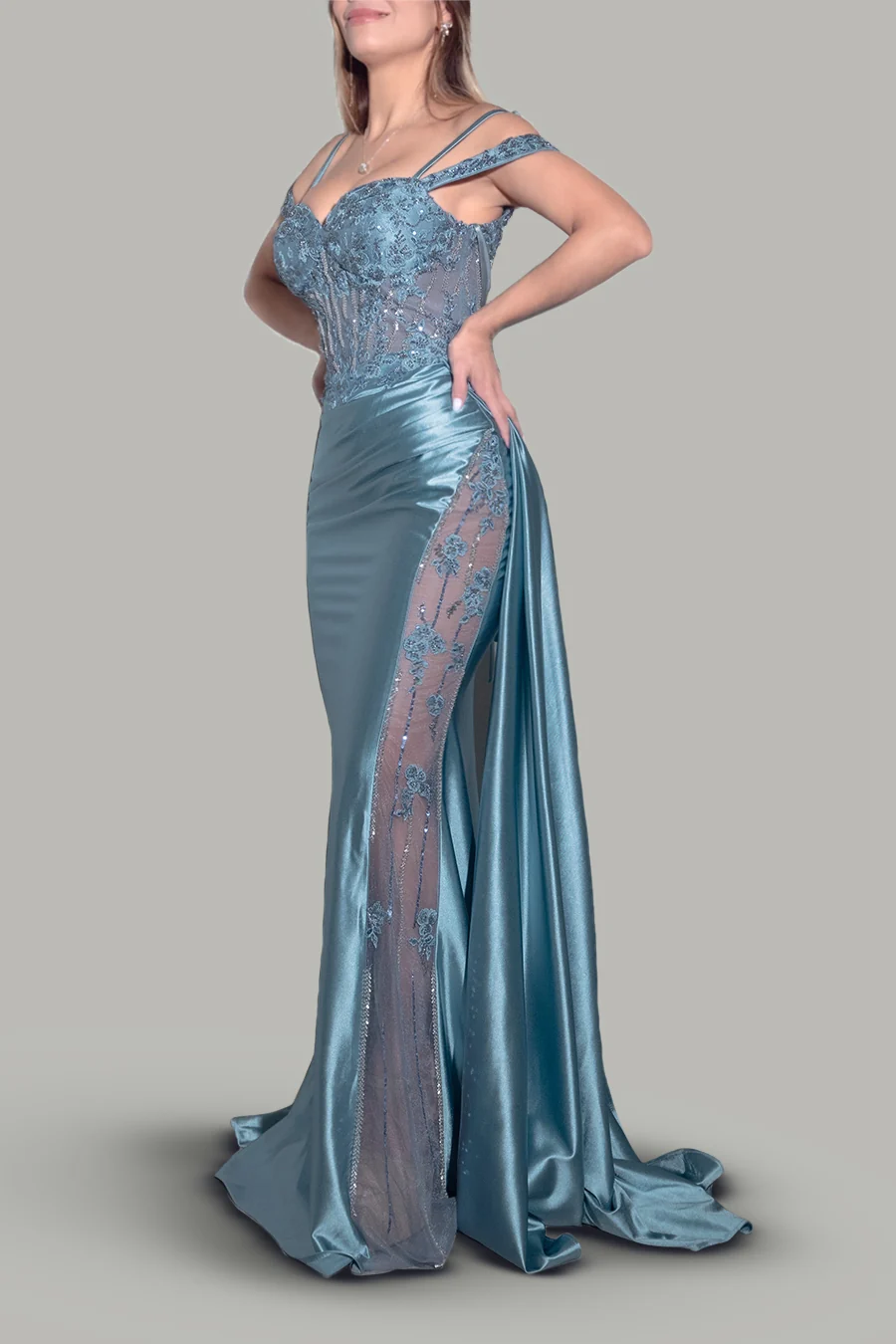 Vestido de satín con corsé y cola lateral — Azul acero 3