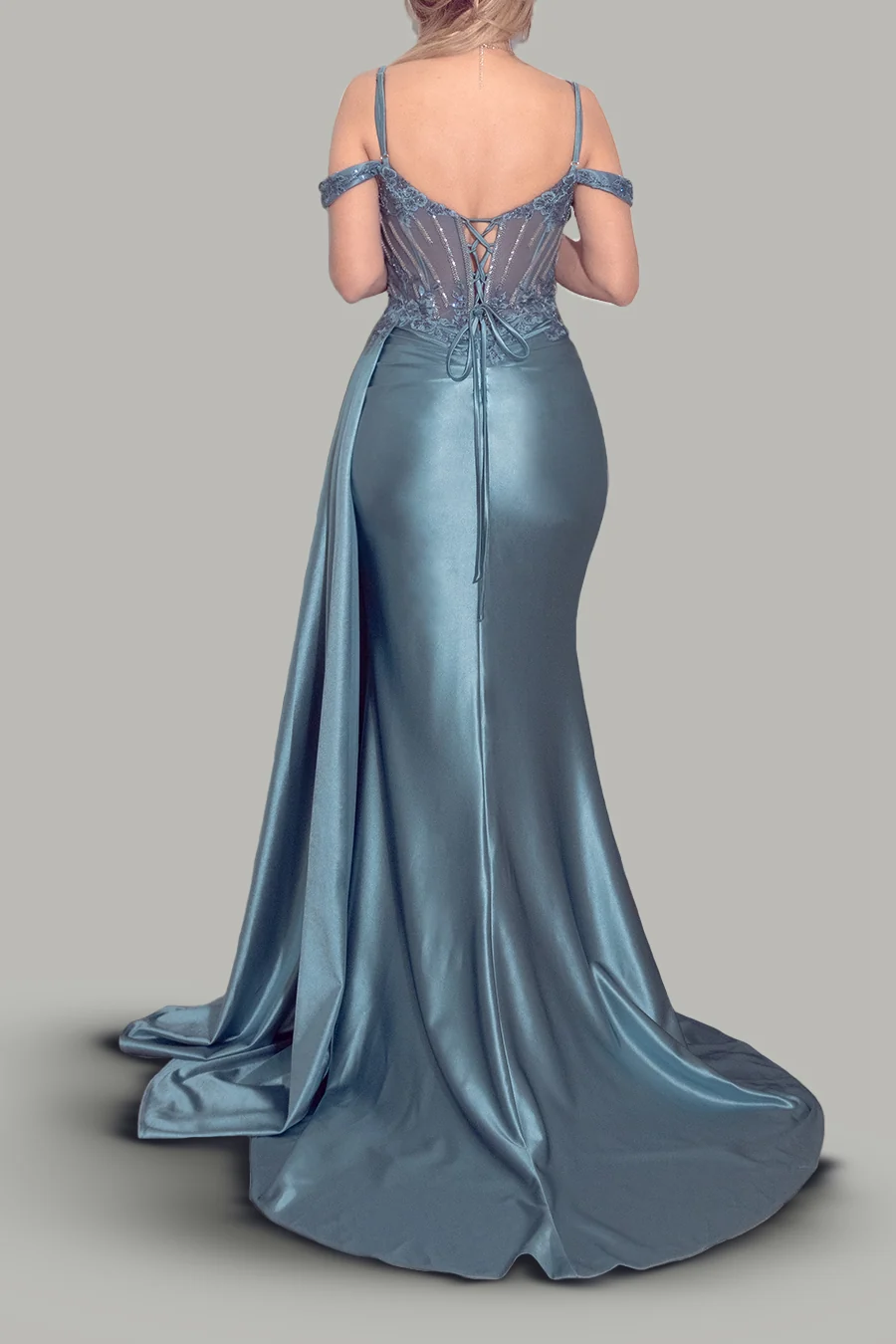 Vestido de satín con corsé y cola lateral — Azul acero 4