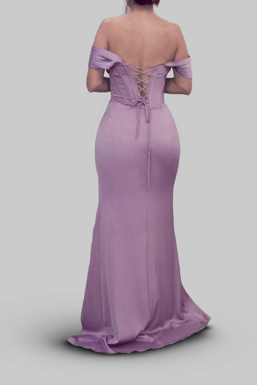 Vestido drapeado con hombros caídos y abertura — Lila 3