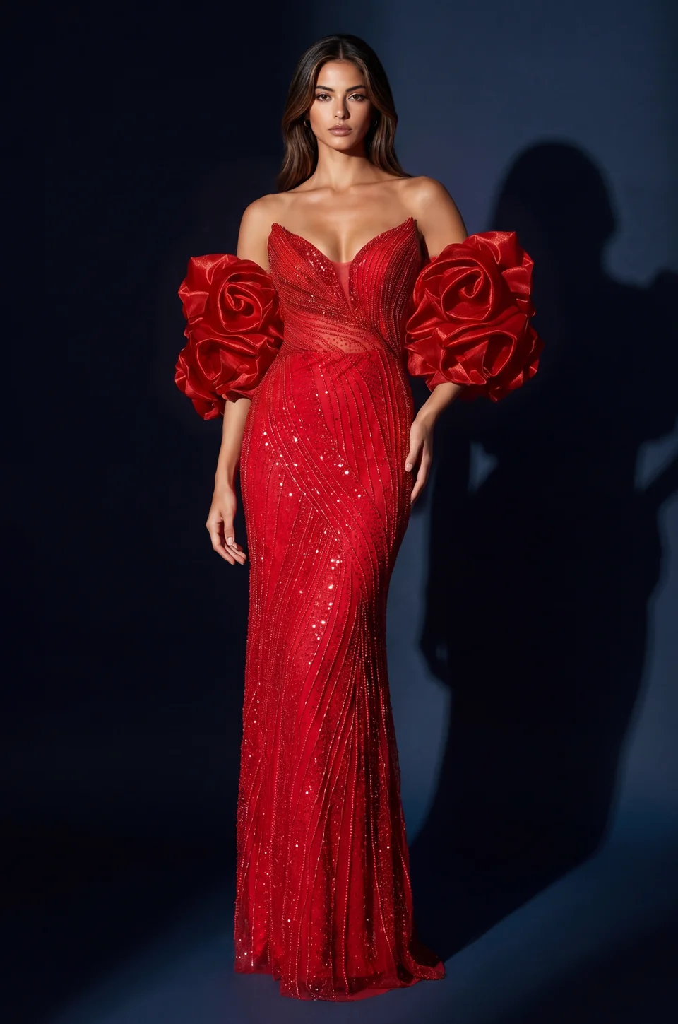 Vestido de sirena con pedrería, escote corazón y mangas abullonadas — Rojo 1