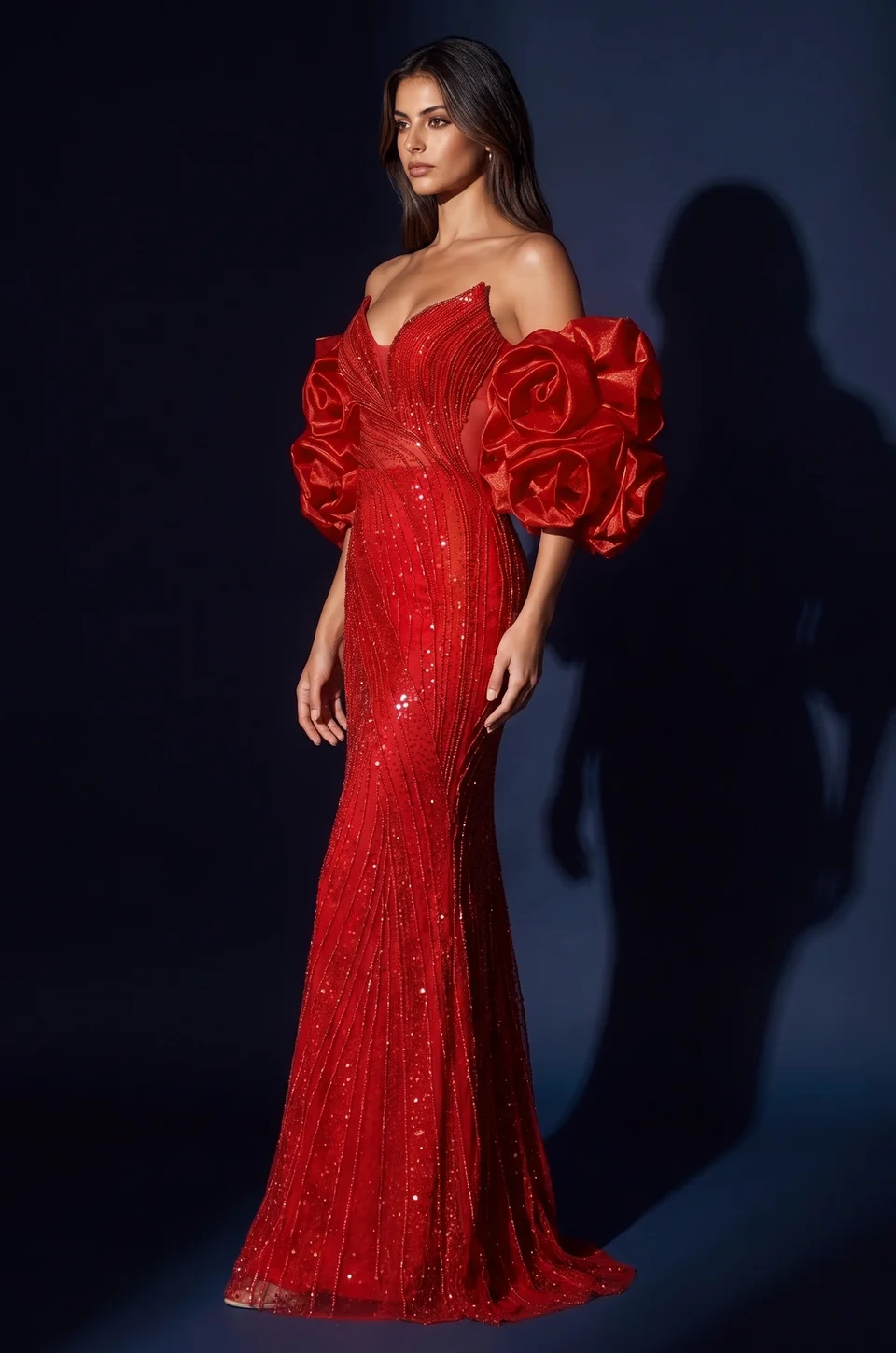 Vestido de sirena con pedrería, escote corazón y mangas abullonadas — Rojo 3