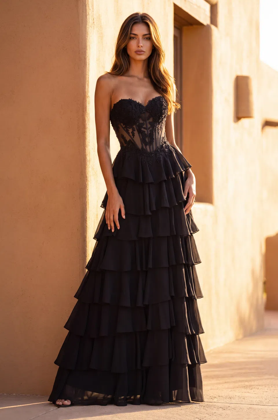 Vestido de bailarina de gasa con corsé y volantes escalonados — Negro