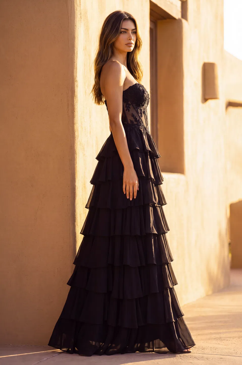 Vestido de bailarina de gasa con corsé y volantes escalonados — Negro 3