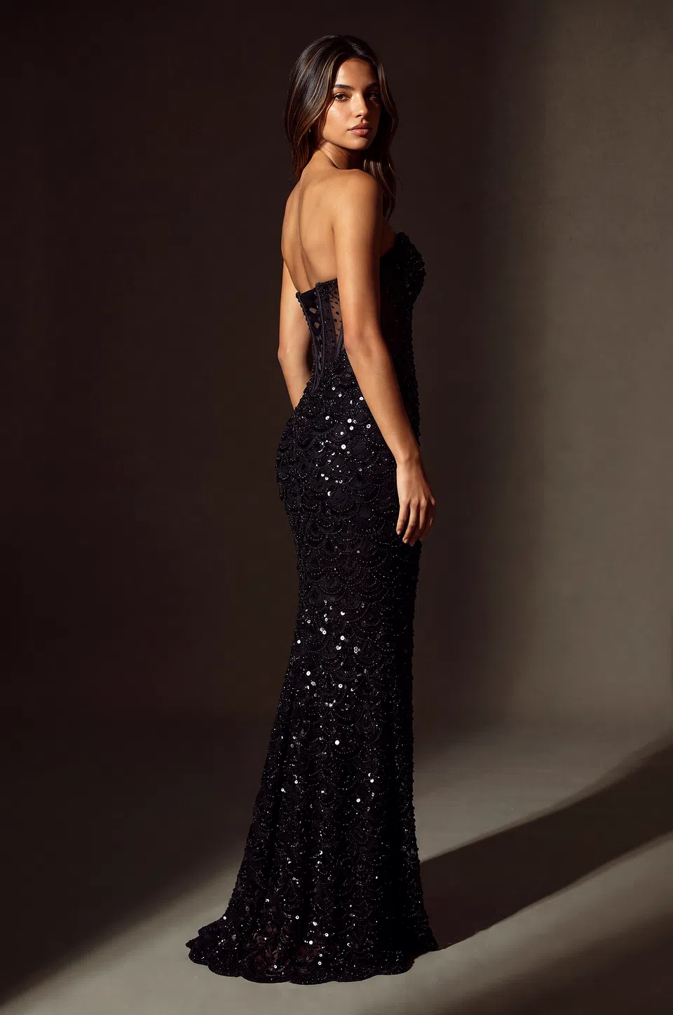 Vestido de sirena de lentejuelas con corsé — Negro 3