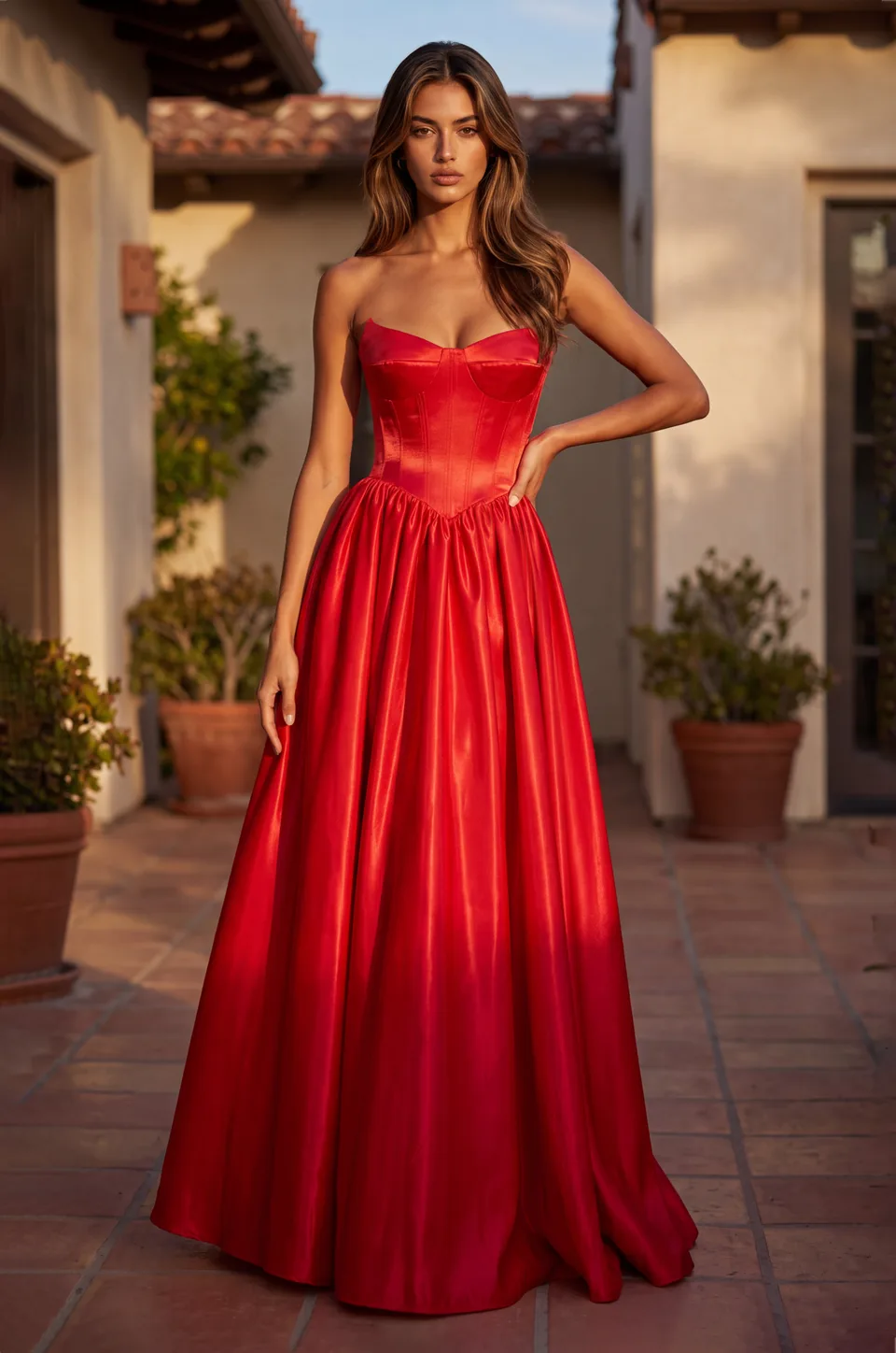 Vestido de gala de satín con corsé de cintura baja y bolsillos — Rojo