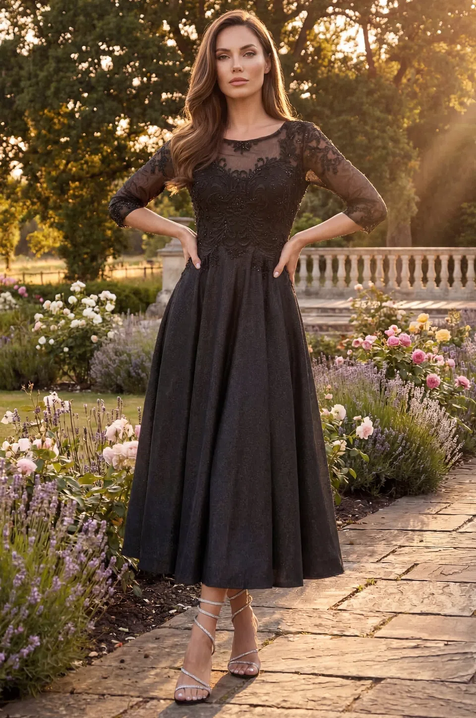 Vestido de cóctel midi de encaje con pedrería y cuello de ilusión — Negro