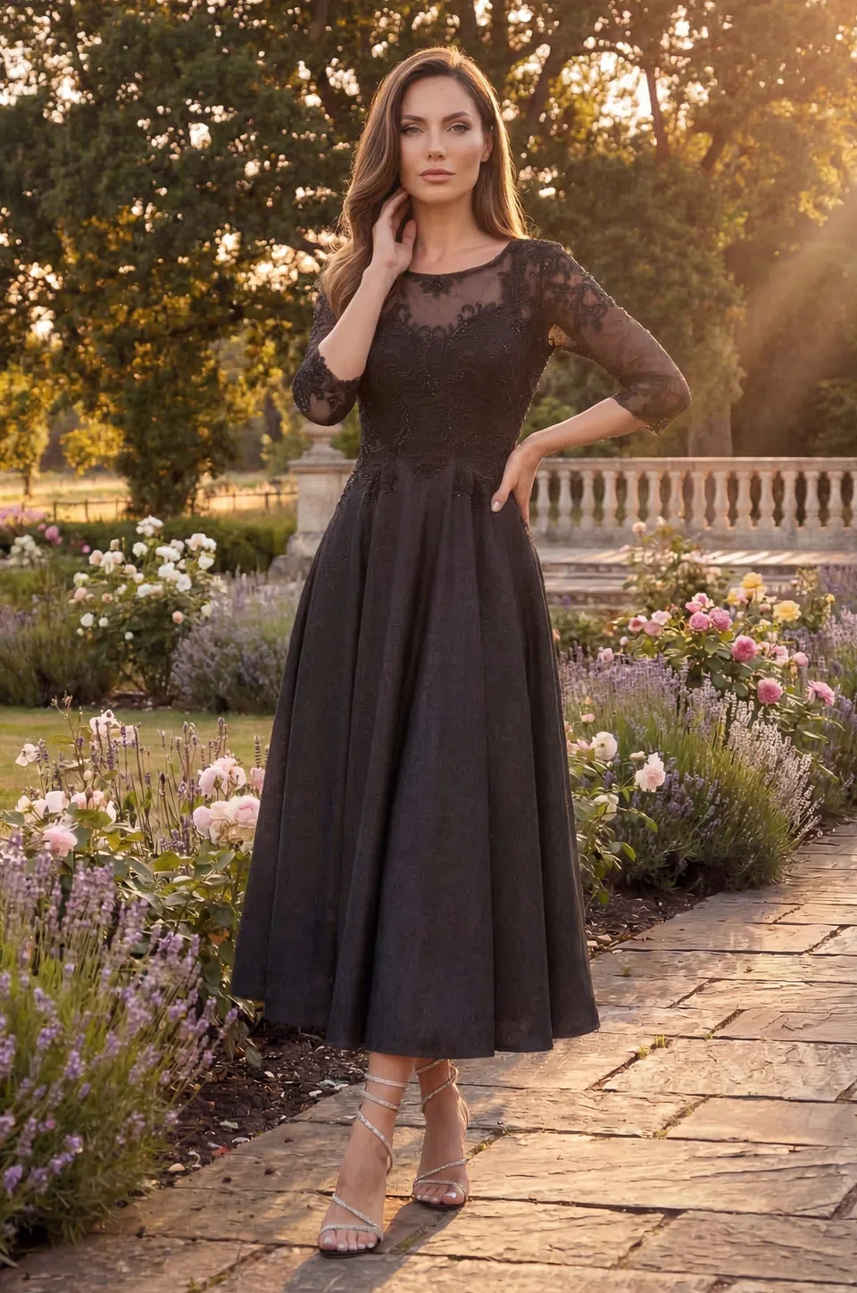 Vestido de cóctel midi de encaje con pedrería y cuello de ilusión — Negro 3