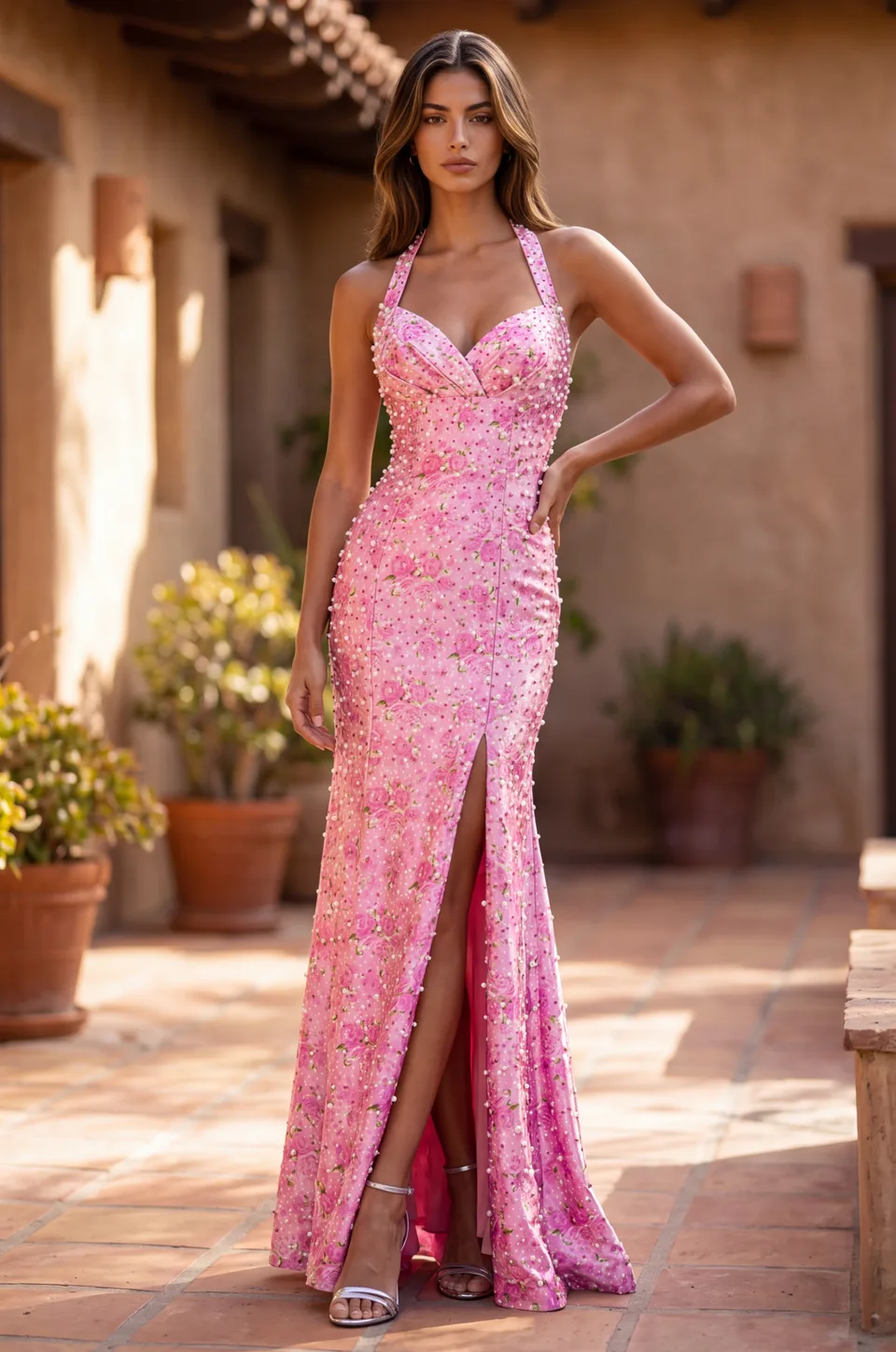 Vestido floral de escote halter — Rosa