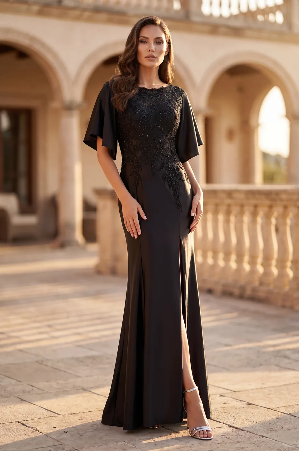 Vestido de gala de satín con apliques de encaje y mangas con vuelo — Negro