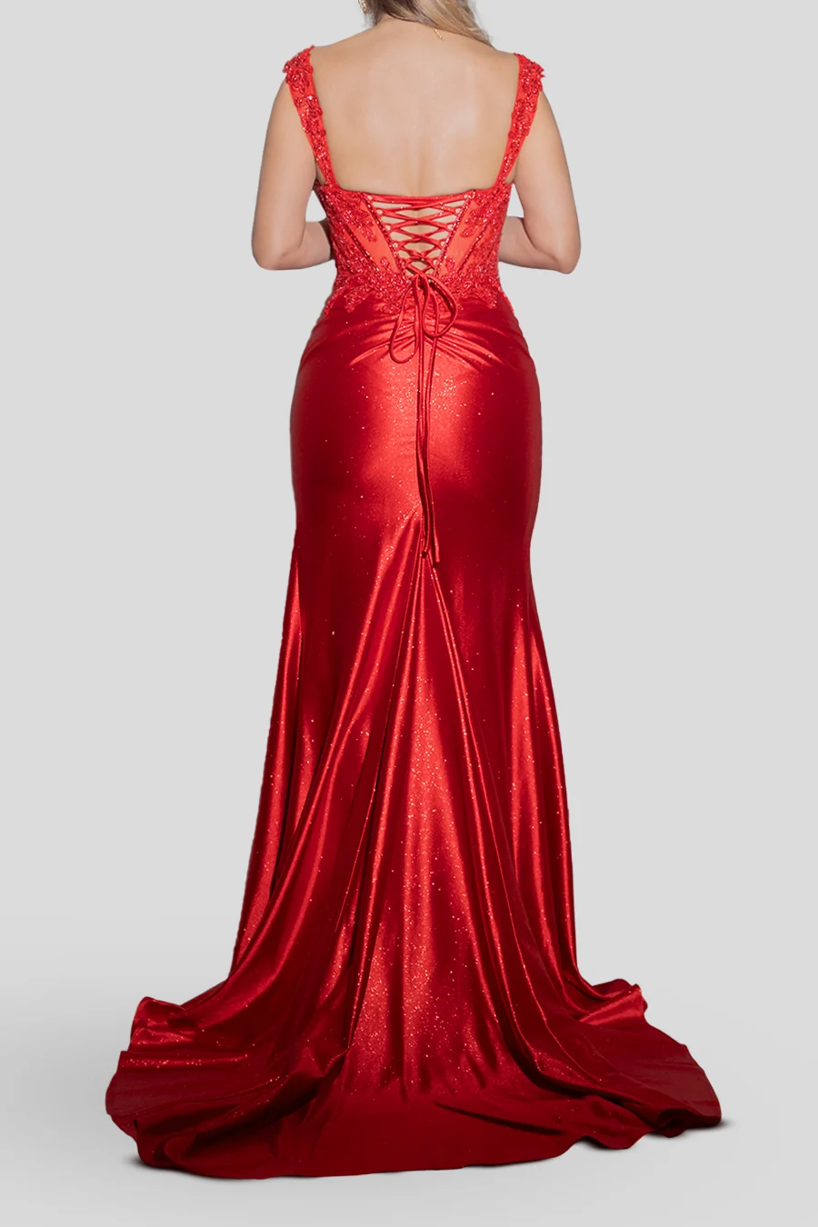 Vestido de satín con corsé de encaje y hombros caídos — Rojo 4