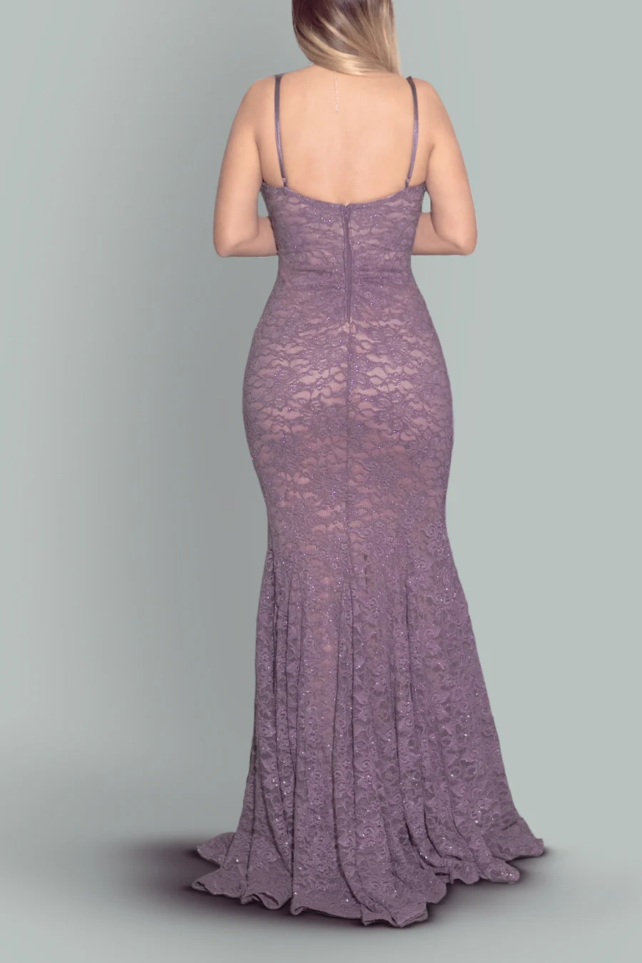 Vestido sirena de encaje con tirantes finos — Malva 3