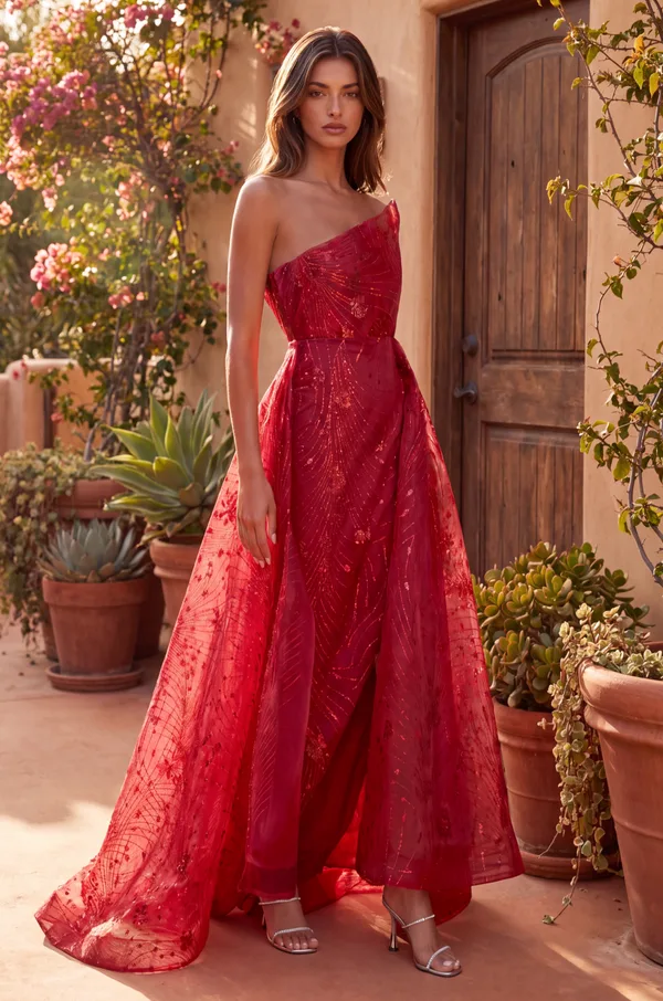 Vestido de gala asimétrico con un hombro — Burdeos