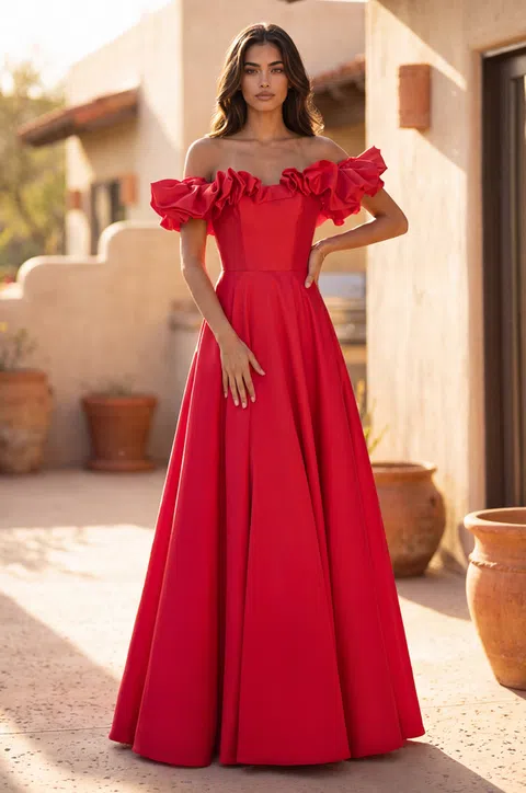 Vestido de bailarina de satín con hombros caídos y mangas abullonadas — Rojo