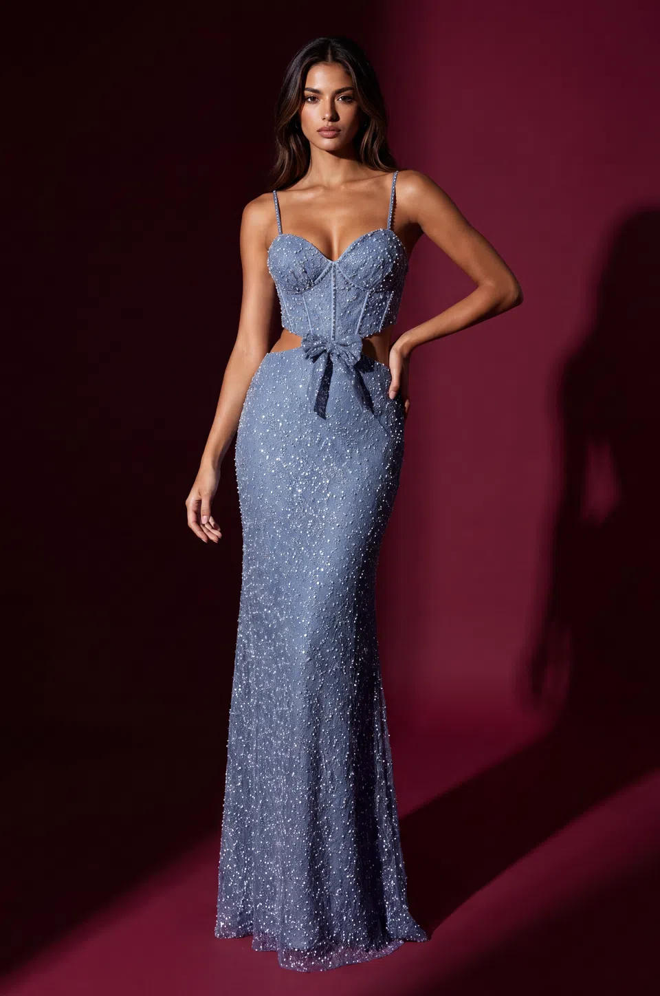 Sweetheart Beaded Prom Gown with Side Cutouts and Bow — Ice Blue 1