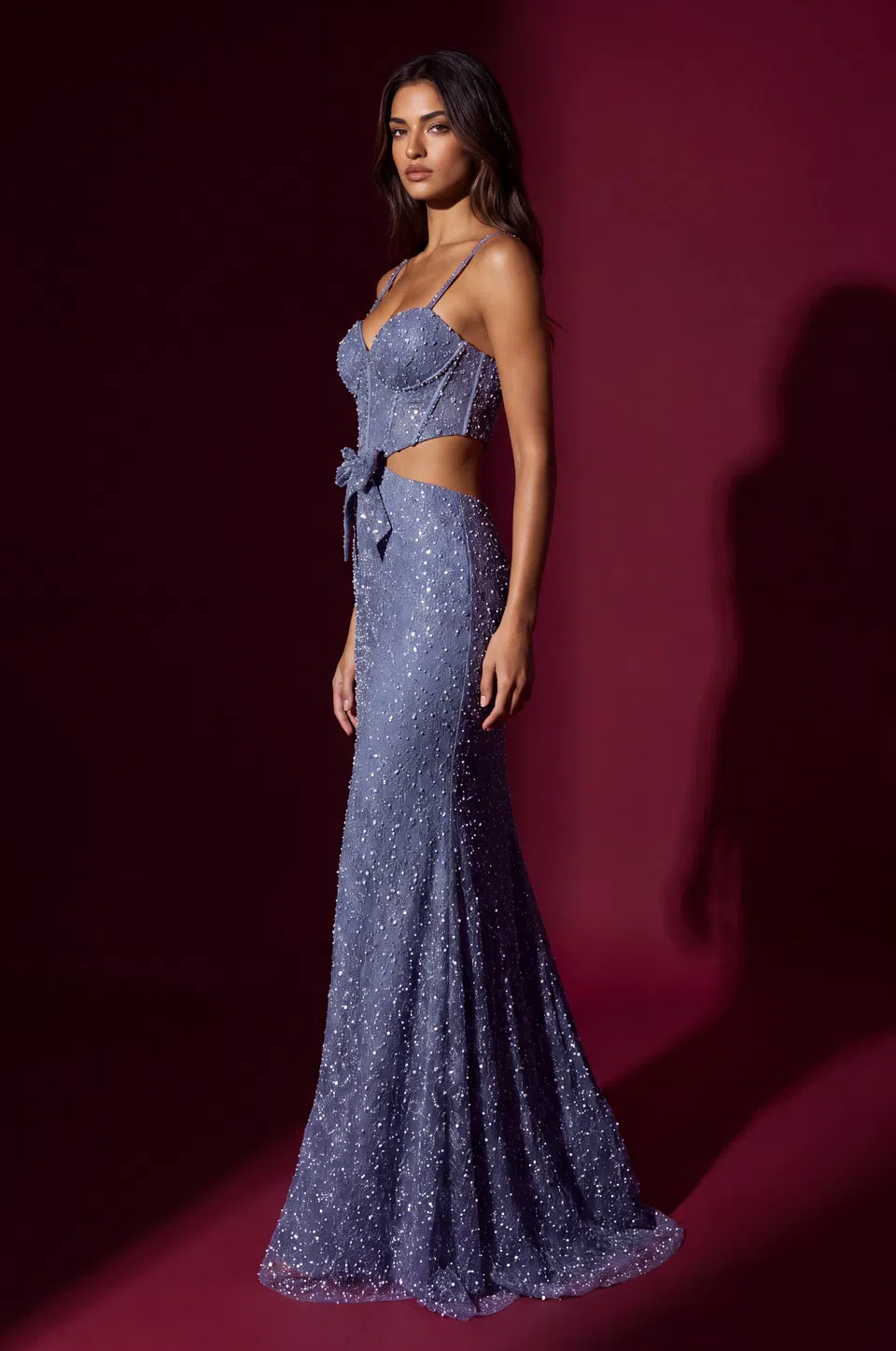 Sweetheart Beaded Prom Gown with Side Cutouts and Bow — Ice Blue 3