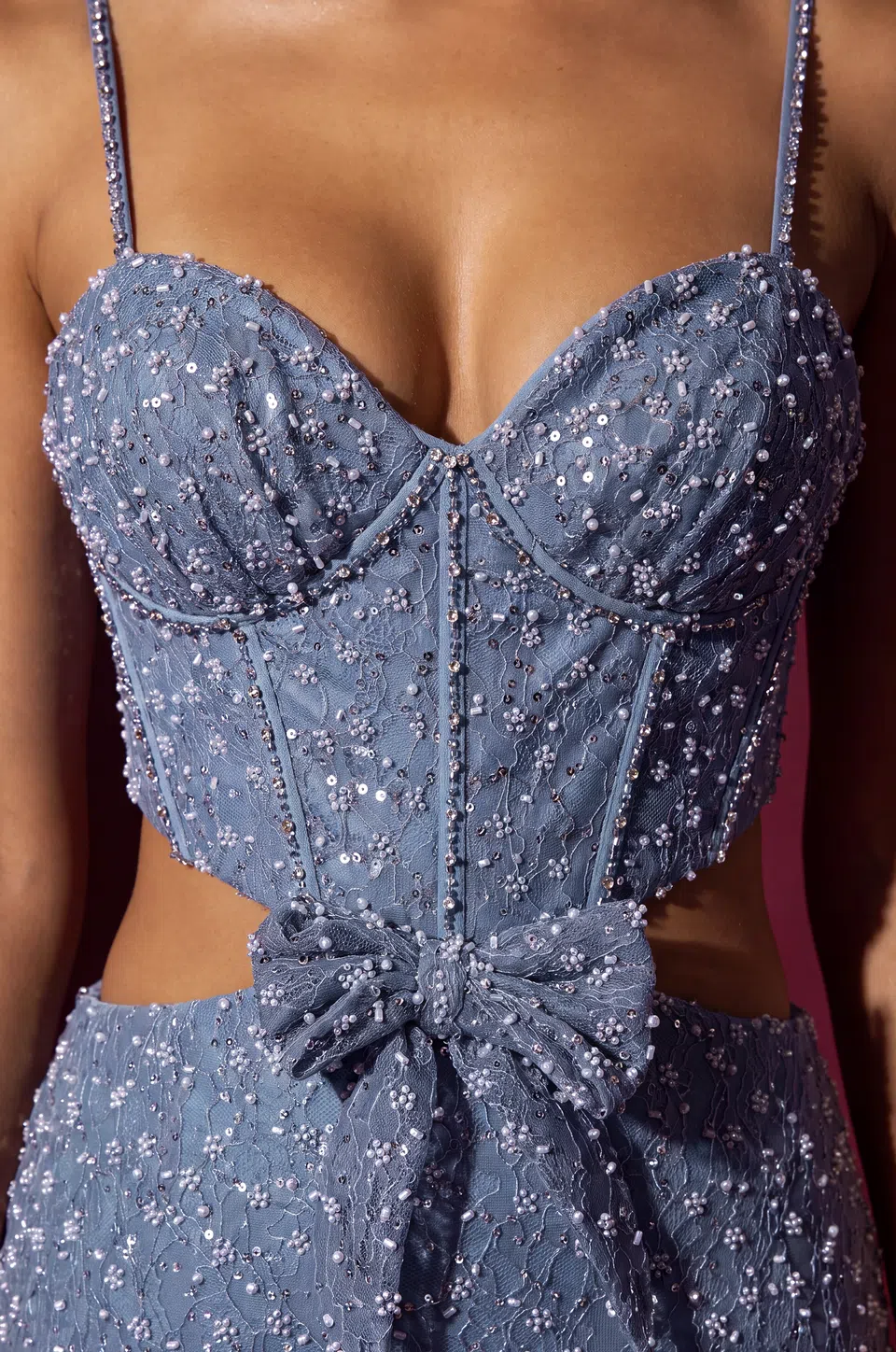 Sweetheart Beaded Prom Gown with Side Cutouts and Bow — Ice Blue 4