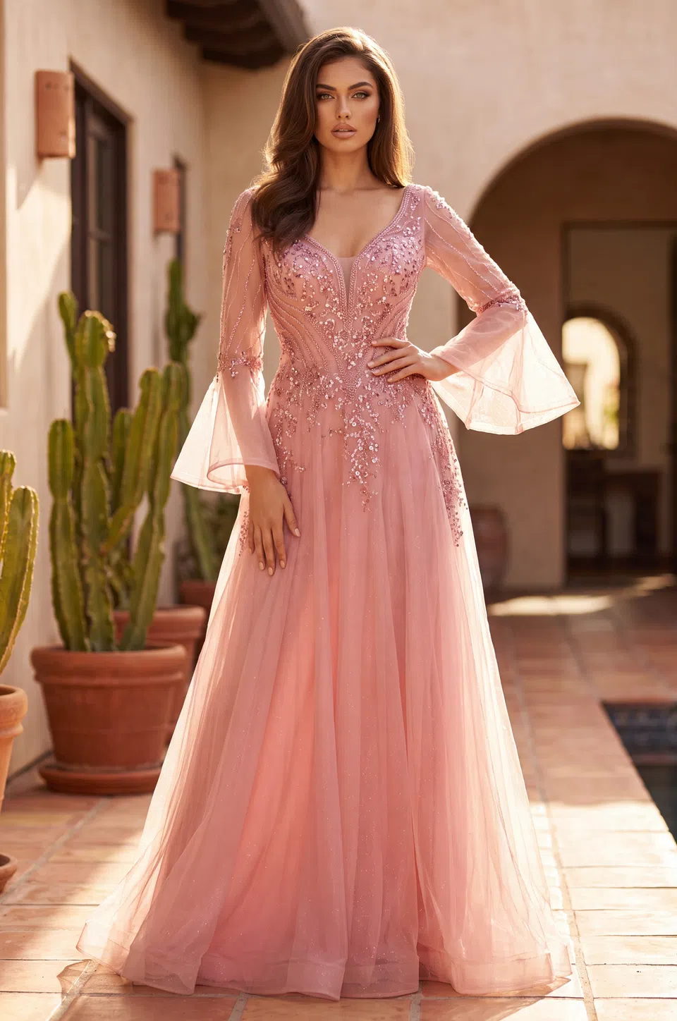 Vestido para la madre de la novia de encaje con mangas campana — Rosa