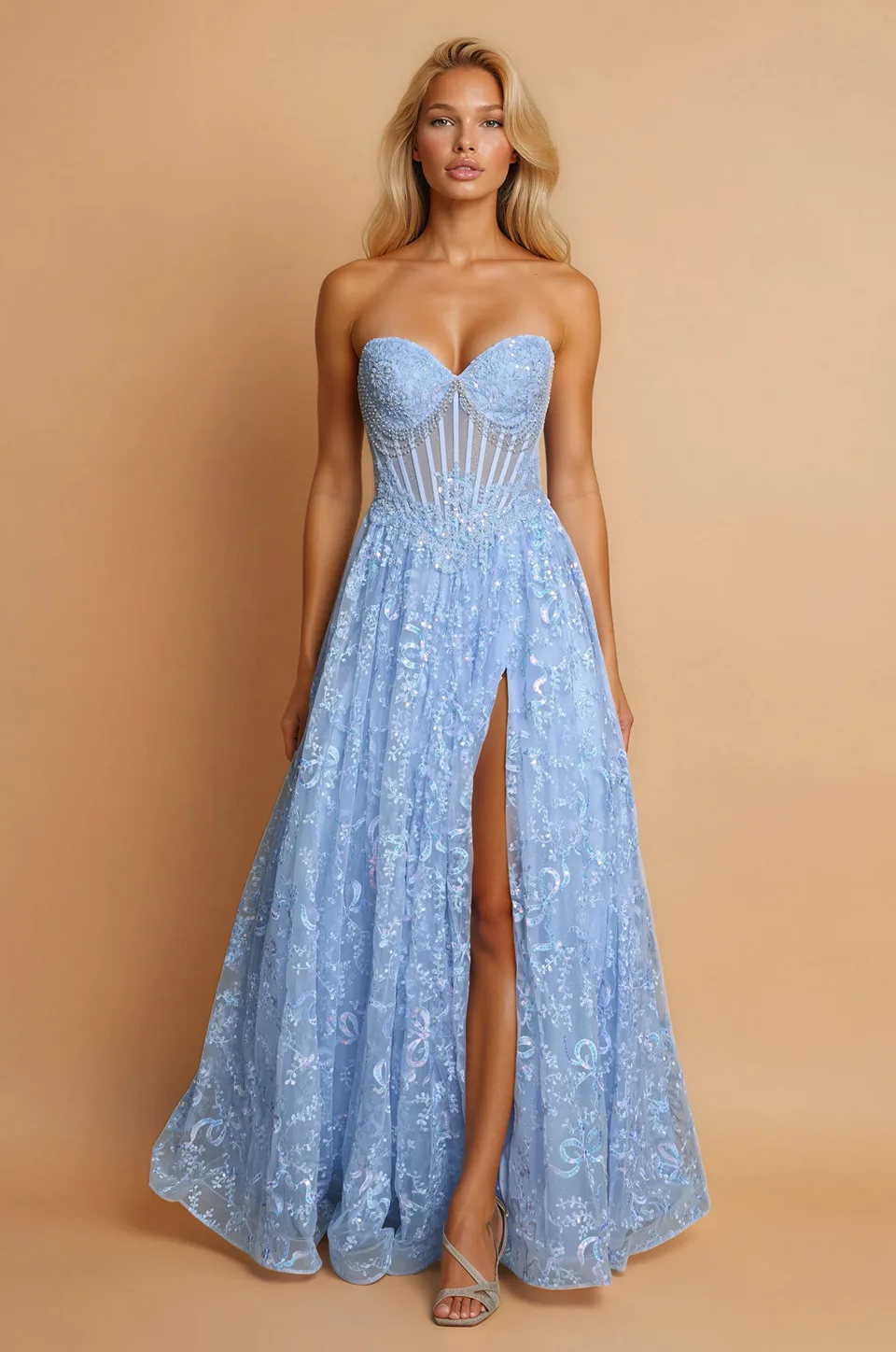 Vestido de bailarina con corsé de pedrería y escote corazón — Azul