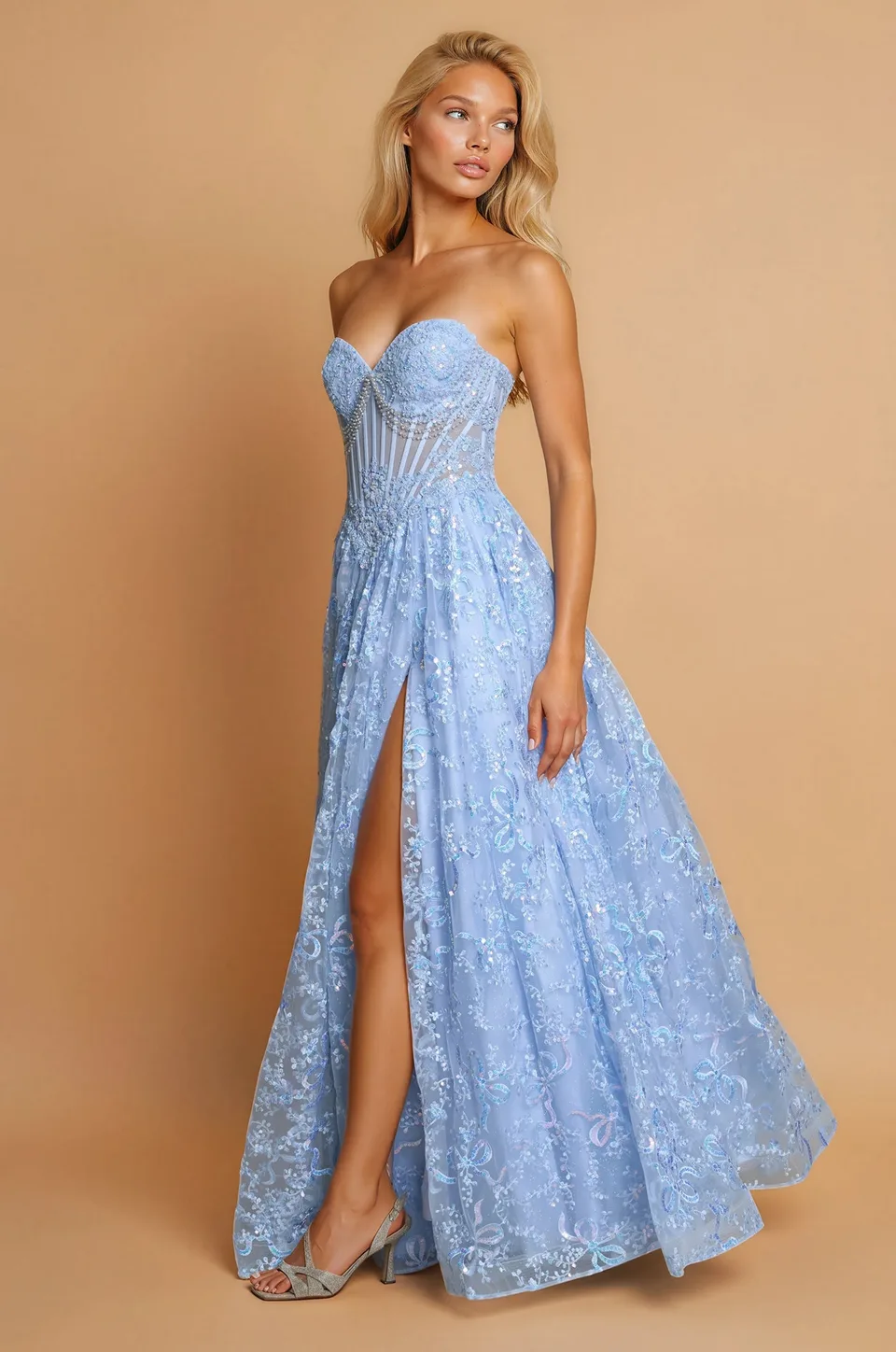 Vestido de bailarina con corsé de pedrería y escote corazón — Azul 3