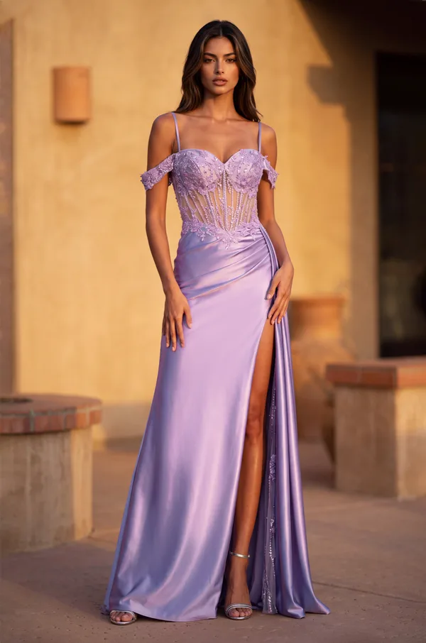 Vestido de satín con corsé y pedrería — Lila
