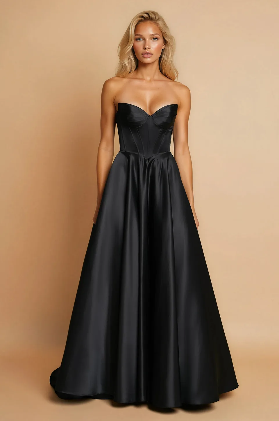 Vestido de satín con corsé de varillas y falda amplia — Negro 4
