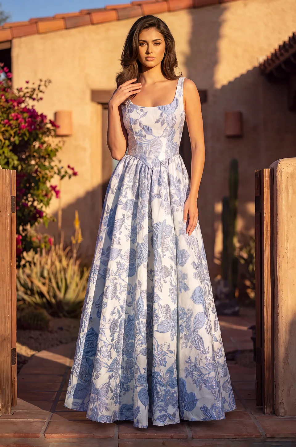 Vestido de graduación de jacquard floral de línea A — Azul