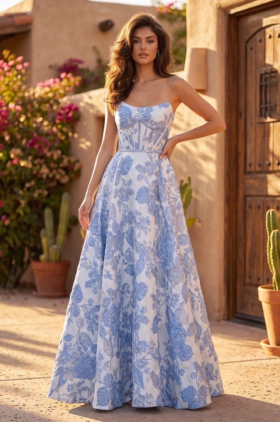 Vestido de bailarina de jacquard floral sin tirantes — Azul