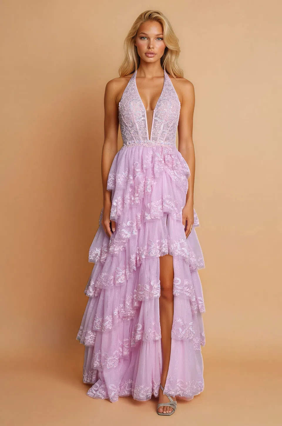 Vestido de graduación con escote halter y corsé de pedrería — Rosa 3