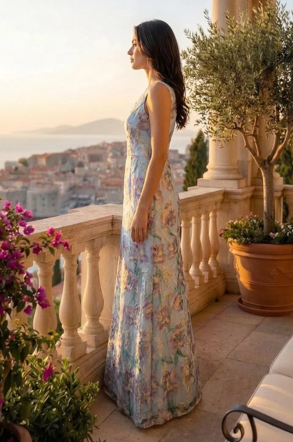 Vestido largo de estampado floral y escote barco — Azul 3