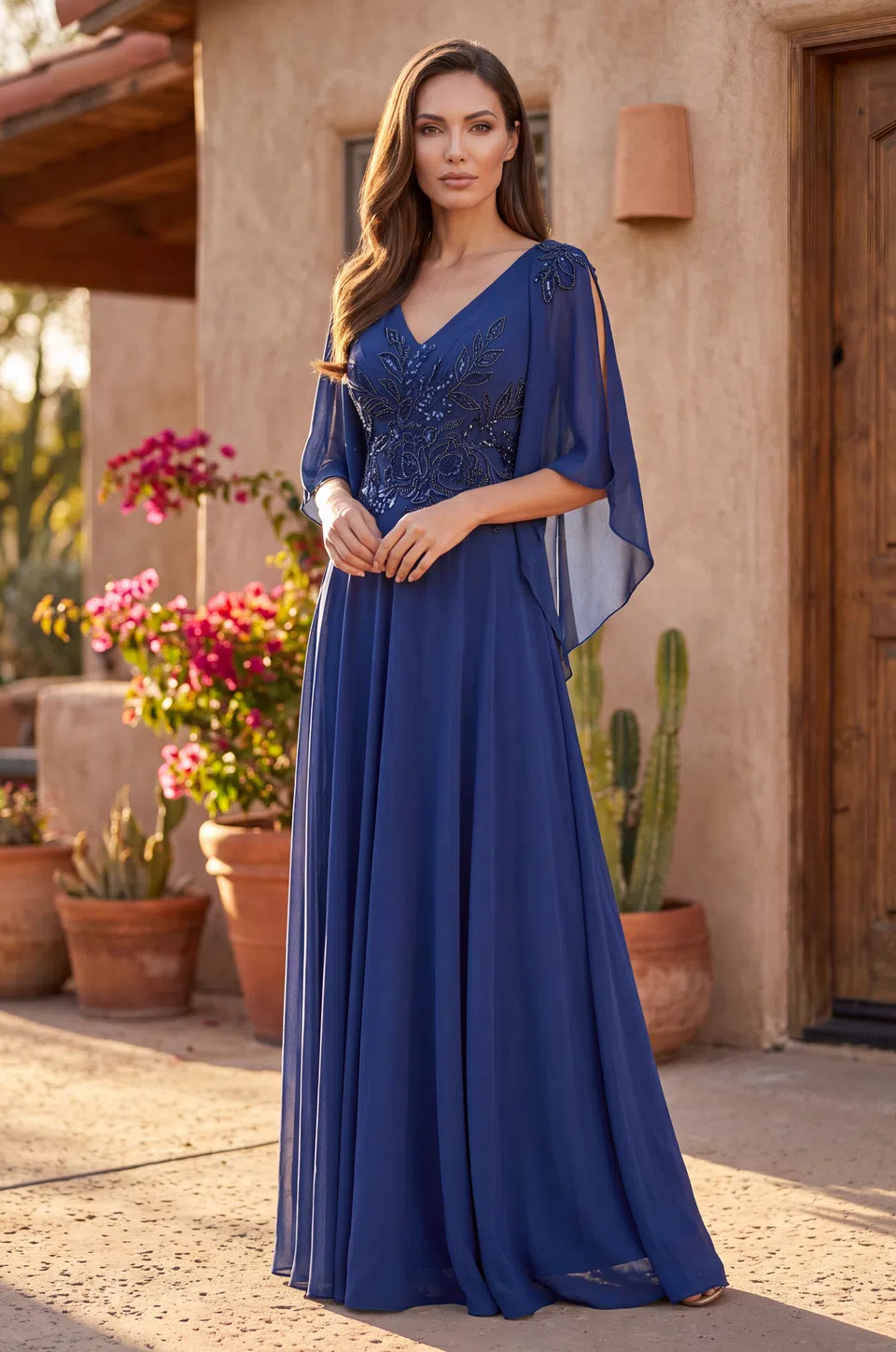 Vestido para la madre de la novia con mangas capa divididas y pedrería — Azul marino