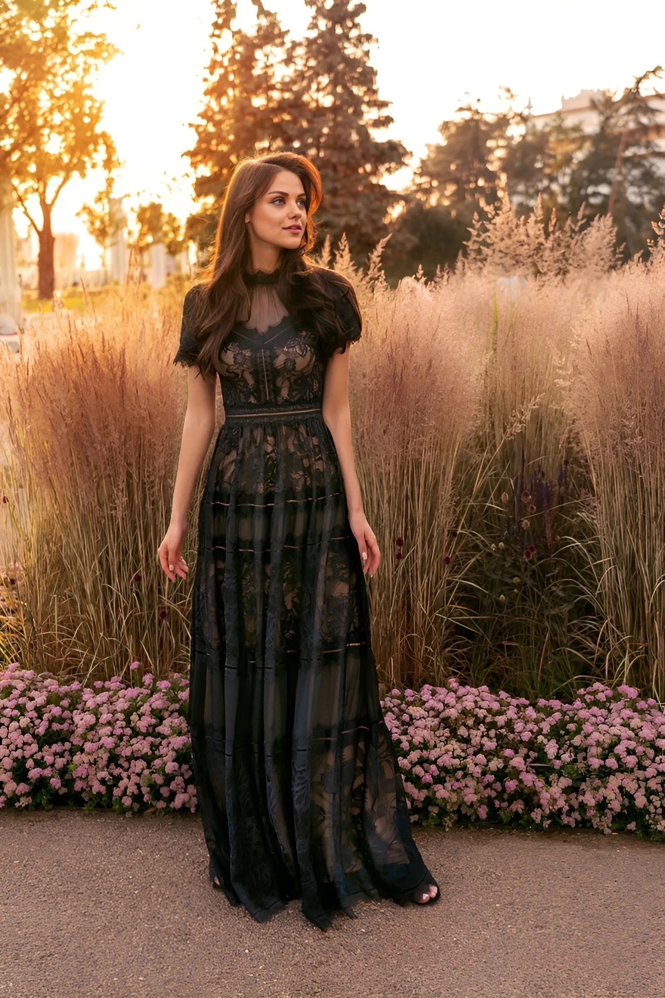 Vestido largo de gala de encaje — Negro