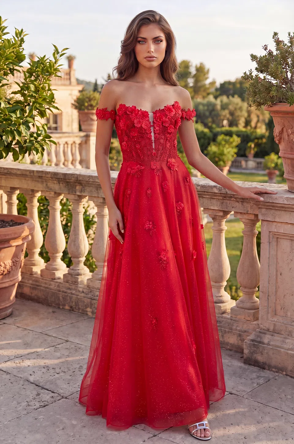 Vestido de graduación de encaje con mangas desmontables — Rojo