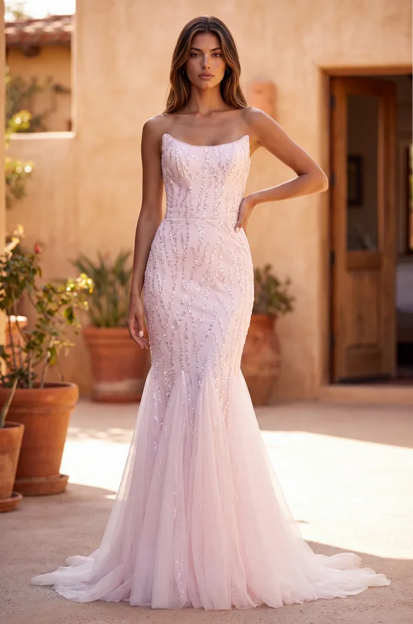 Vestido de graduación de sirena con pedrería y hombros caídos — Rubor