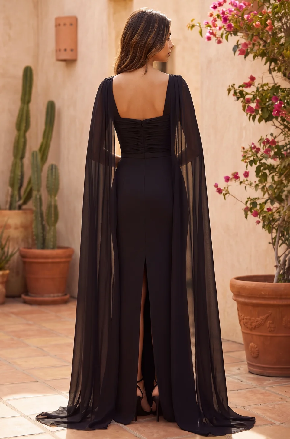 Cape-Sleeve Evening Dress — Black 2