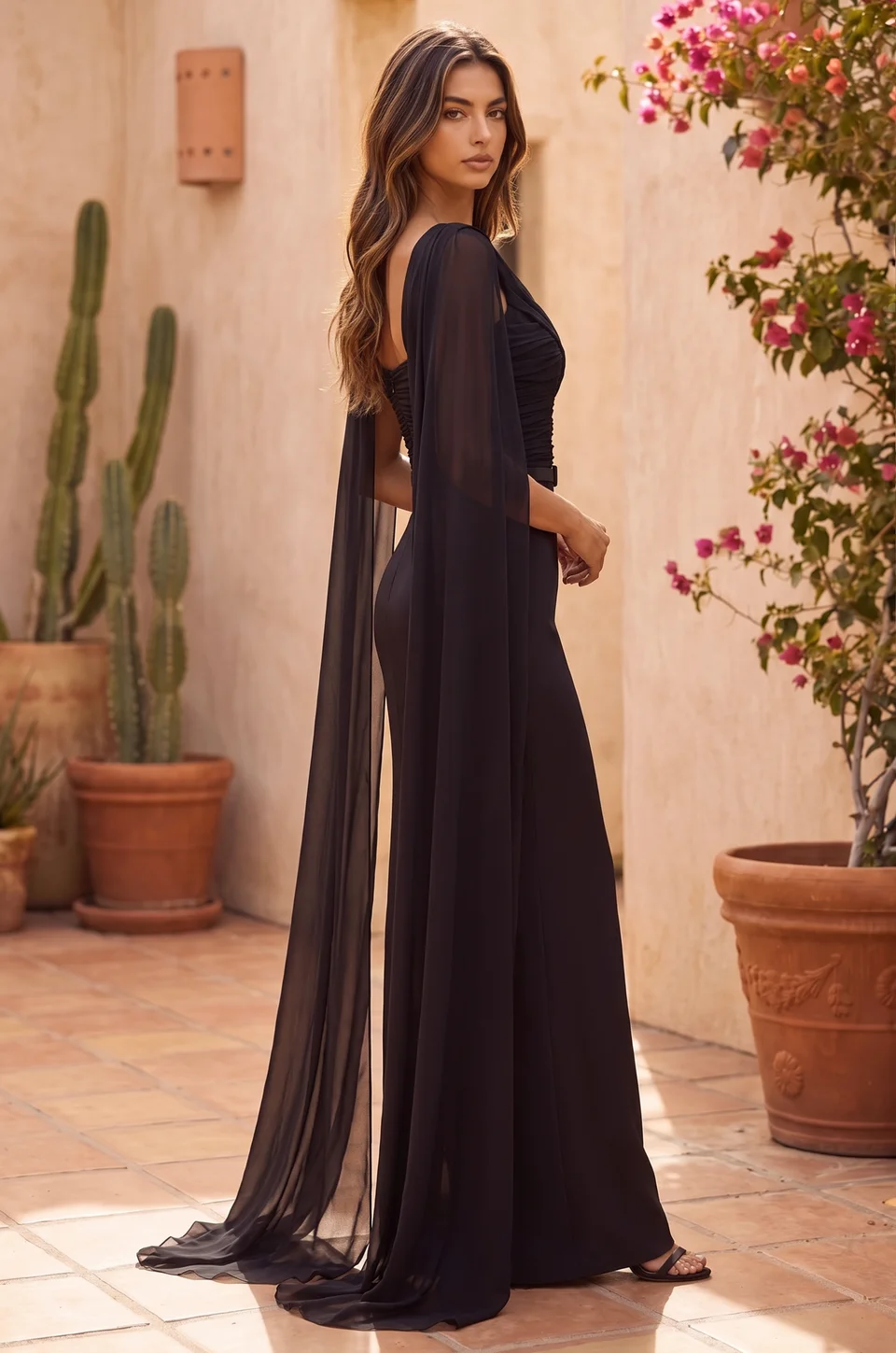 Cape-Sleeve Evening Dress — Black 3