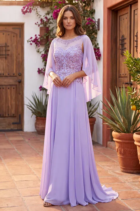 Vestido para la madre de la novia con mangas capa y encaje — Lila