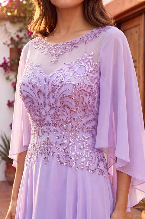 Cape-Sleeve Lace Mother of the Bride Gown — Lilac 3
