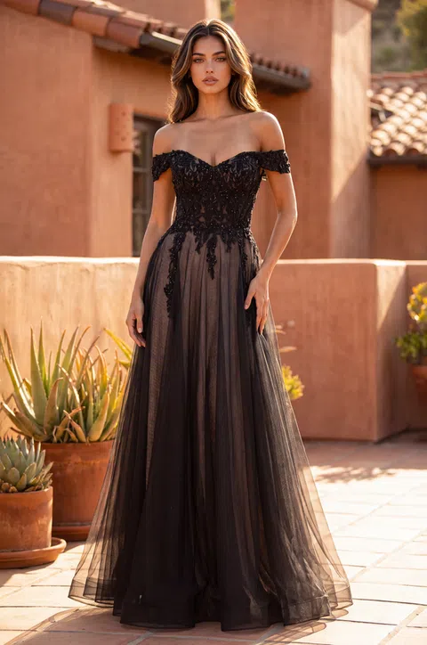 Vestido de gala con corsé y hombros caídos — Negro / nude