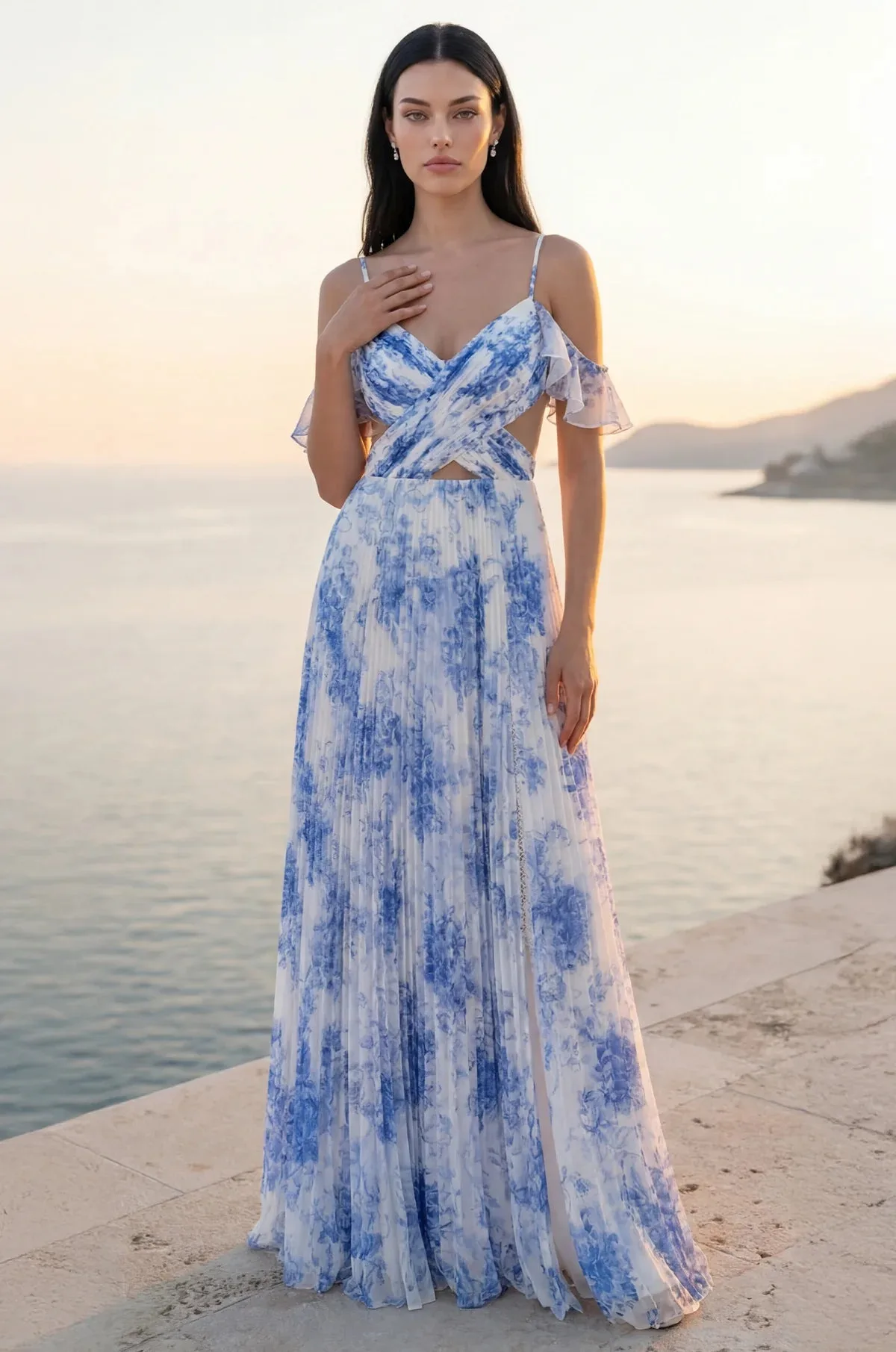 Vestido de graduación de gasa con aberturas laterales — Azul
