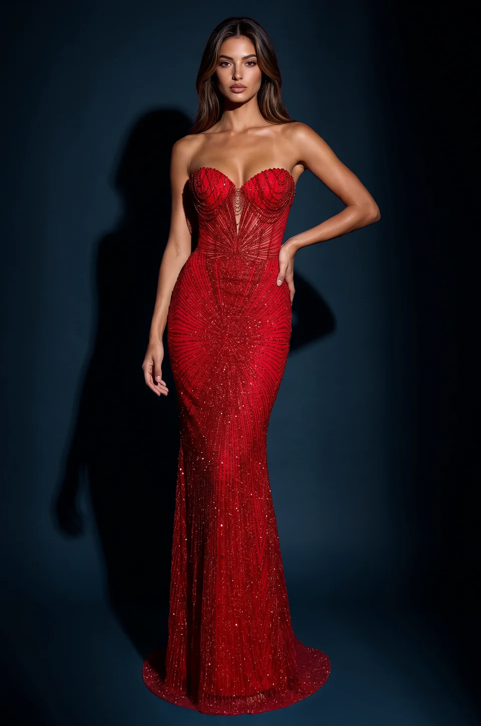 Vestido sirena de lentejuelas sin tirantes — Rojo