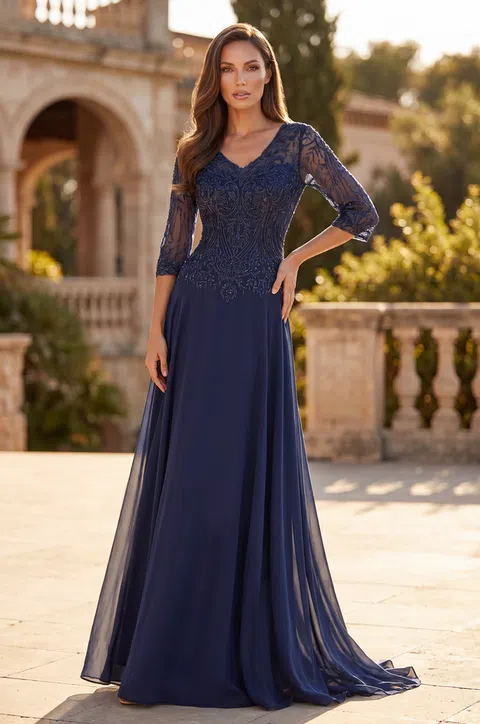 Vestido de gala de gasa con bordados y escote en V — Azul marino