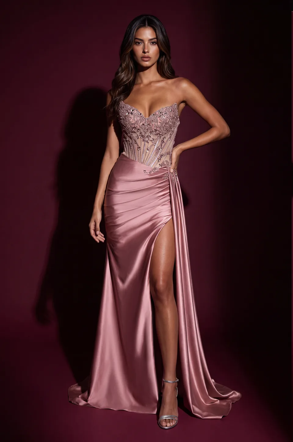 Vestido de graduación de satín sin tirantes con corsé y abertura alta — Rosa