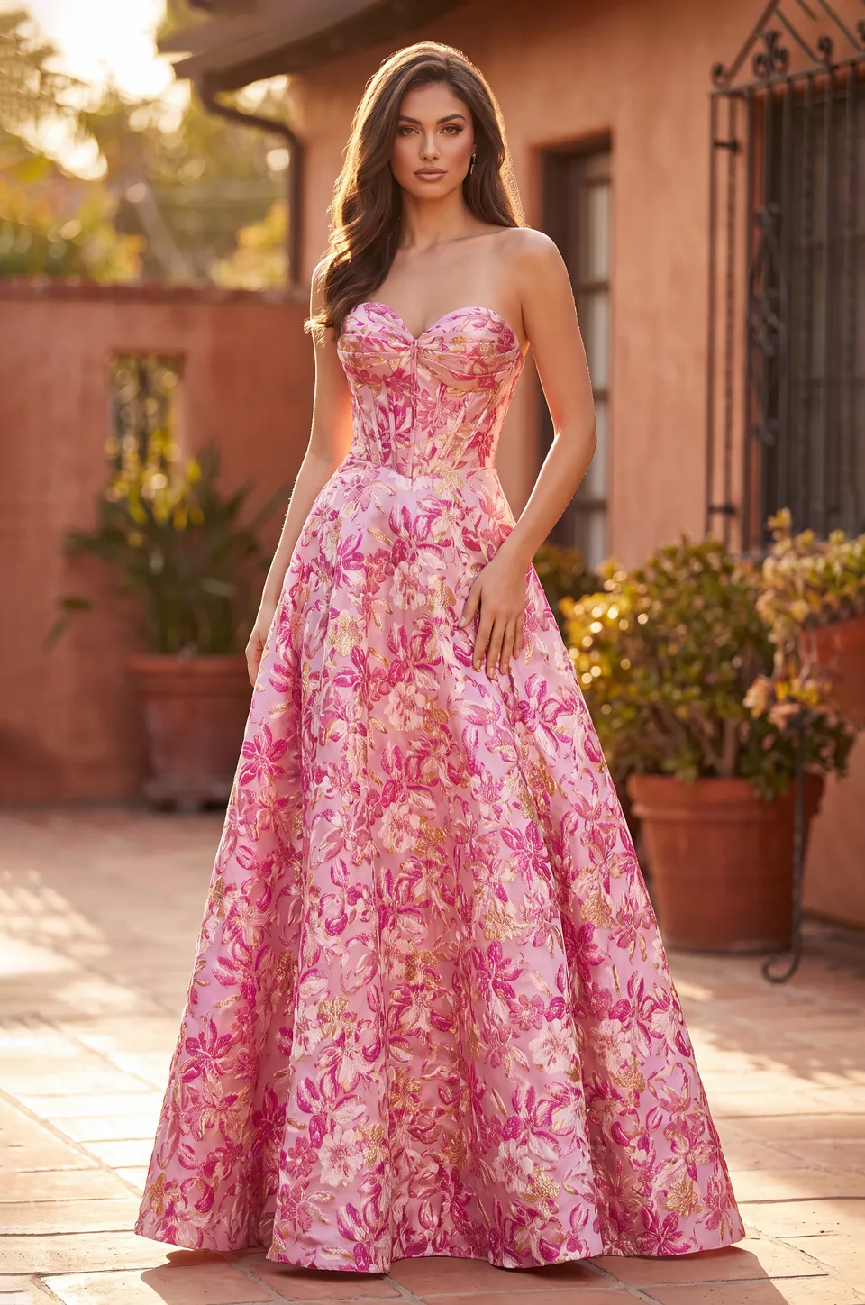 Vestido de bailarina de jacquard floral con corsé sin tirantes — Rosa