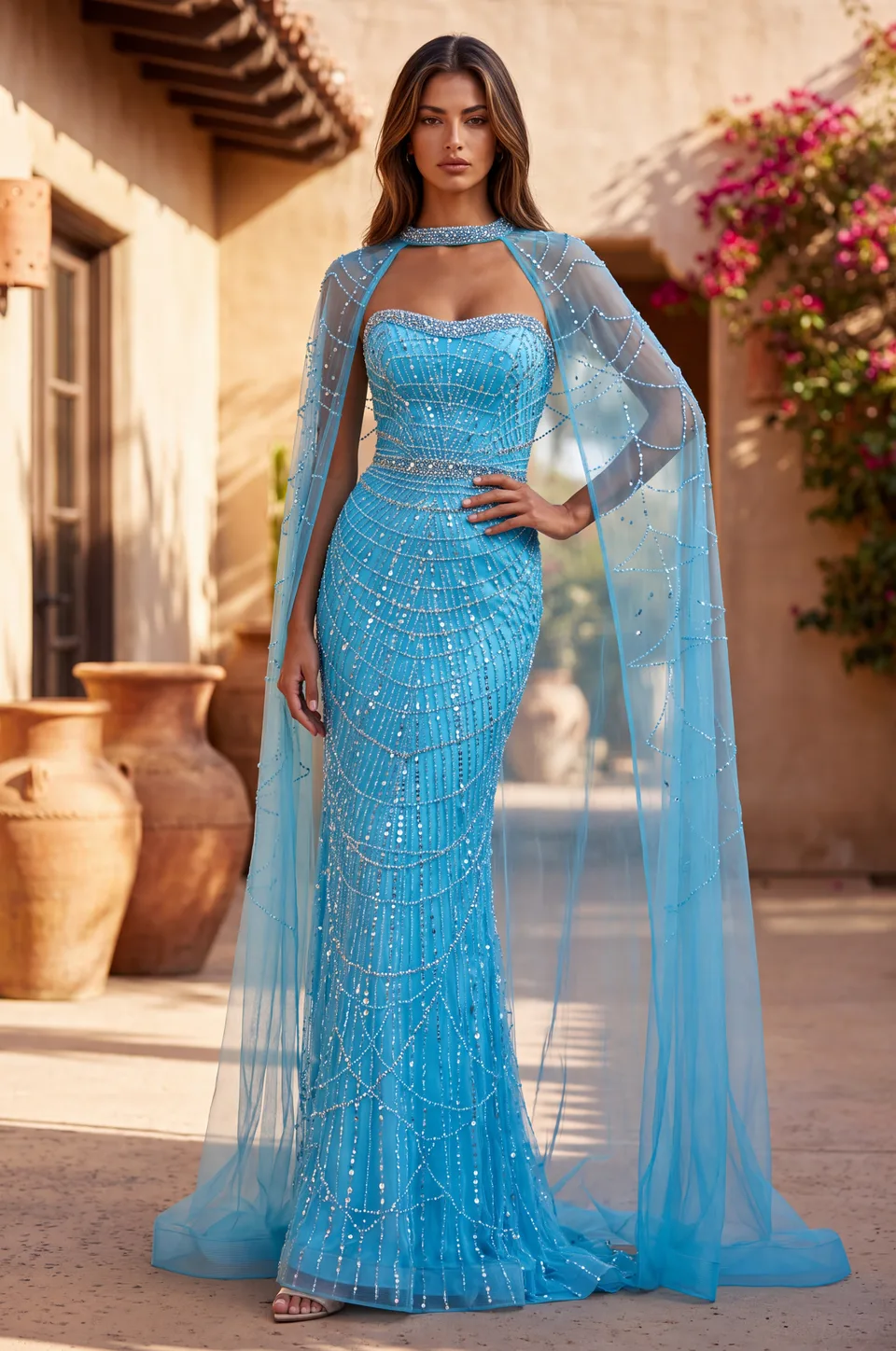Vestido de gala con capa y pedrería de escote corazón — Azul océano